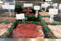 The butcher shop\'s refrigerated display showcases a variety of raw