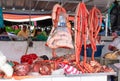 Butcher shop. Sale of meat, pork and sausages on the market. Close-up. Quito Ecuador.