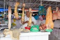 Butcher shop. Sale of pork and hooves on the market. Quito Ecuador.