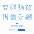 Butcher shop thin line icons set