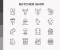 Butcher shop thin line icons set: meat steak, beef, pork, mutton, BBQ, chicken, burger, cutting board, meat knives. Modern vector