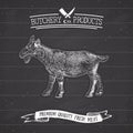 Butcher Shop vintage emblem goat meat products, butchery Logo template retro style. Vintage Design for Logotype, Label, Badge and Royalty Free Stock Photo