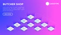 Butcher shop web page template with thin line isometric icons: meat steak, beef, pork, mutton, BBQ, chicken, burger, cutting board