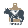 Butcher template logotype sign with cow and two crossed meat knives