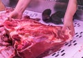 Butcher window with women arms