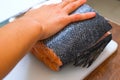 Butchering salmon, piece of salmon red fish meat