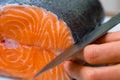 Butchering salmon, piece of salmon red fish meat