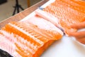 Butchering salmon, piece of salmon red fish meat