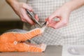 Butchering salmon, piece of salmon red fish meat Royalty Free Stock Photo