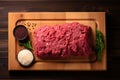 Butchers artistry top view of fresh minced beef on wood
