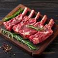 Butchers delight Raw lamb ribs on bone, top view