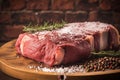 Butchers delight Raw rib eye steak showcased with salt, pepper, herbs