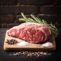 Butchers delight Raw rib eye steak showcased with salt, pepper, herbs