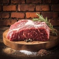 Butchers delight Raw rib eye steak showcased with salt, pepper, herbs