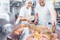 Butchers putting spices in minced meat