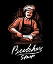 Butchery emblem for butcher shop. Chef cuts off piece of meat with knife on black background