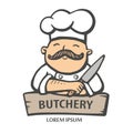 Butchery logo. Hand drawn vector illustration of chief-cooker with a mustache and knife in a white dress. chief-cooker