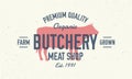 Butchery meat shop logo. Vintage meat shop emblem. Retro Butcher shop poster. Vector illustration