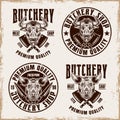 Butchery shop set of vector emblems, badges, labels or logos in vintage style with removable textures on separate layer Royalty Free Stock Photo