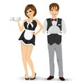 Butler holding silver tray and maid serving coffee Royalty Free Stock Photo