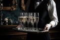 Butler Holding Silver Tray, Serving Elegant Champagne Glasses. Generative AI Royalty Free Stock Photo