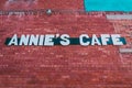 Sign for Annie`s Cafe, a small diner serving all-day breakfast in the downtown area