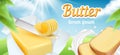 Butter. Advertizing package of daily breakfast food creamy milk butter margarine curls delicious product vector placard