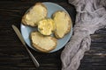 Butter, bread, parsley farmon gourmet  homemade a wooden background breakfast Royalty Free Stock Photo