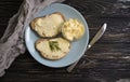 Butter, bread, parsley kitchen   traditional  gourmet   on a wooden background sliced Royalty Free Stock Photo