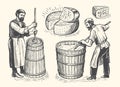 Butter and cheese production concept. Farm worker making organic dairy food, sketch set. Vintage vector illustration