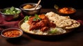 A butter chicken, naan, and biryani dinner in a North Indian style still life Royalty Free Stock Photo