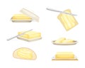Butter Chunk with Knife Spreading It on Slice of Bread Vector Set