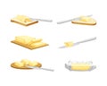 Butter Chunk with Knife Spreading It on Slice of Bread Vector Set