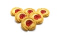 Butter cookies strawberry jam topping and sweet flavored.