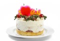 butter cream cake with strawberry & candle on plate Royalty Free Stock Photo