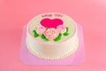 Butter cream of Pink Roses decorated oo vanilla pond cake on pink background with copy space served in Birthday Party and wedding Royalty Free Stock Photo