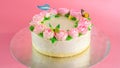 Butter cream of Pink Roses decorated oo vanilla pond cake on pink background with copy space served in Birthday Party and wedding Royalty Free Stock Photo