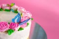 Butter cream of Pink Roses decorated oo vanilla pond cake on pink background with copy space served in Birthday Party and wedding Royalty Free Stock Photo