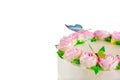 Butter cream pond cake with pink rose, green leave and butterfly decorate isolated