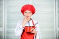 Butter cream. Whipping cream tips and tricks. Use hand whisk. Woman chef hold whisk and pot. Girl in apron whipping eggs