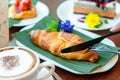 Butter croissant and coffee shop cafe. Royalty Free Stock Photo