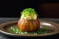 butter curl on top of a baked potato with chives