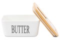 Butter Dish. Porcelain or ceramic butter dish with bamboo lid. Covered white dish with butter knife for countertop Royalty Free Stock Photo