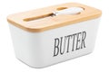 Butter Dish. Porcelain or ceramic butter dish with bamboo lid. Covered white dish with butter knife for countertop Royalty Free Stock Photo