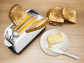 Butter and knife beside toaster and grilled bread. 3D illustration