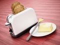 Butter and knife beside toaster and grilled bread. 3D illustration