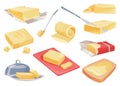 Butter, margarine or spread, natural dairy product in lot of variation. Set of yellow brick, slices and rolls. Fat