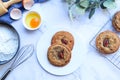 Butter Pecan cookies in white plate and on the cooling rack with some ingredient on marble table Royalty Free Stock Photo