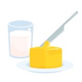 Butter on plate and milk glass, dairy food products with calcium, knife making curl