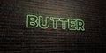 BUTTER -Realistic Neon Sign on Brick Wall background - 3D rendered royalty free stock image